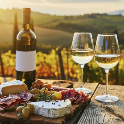 Wine, cheese and charcuterie, gourmet meal served outdoors, beautiful hills in background